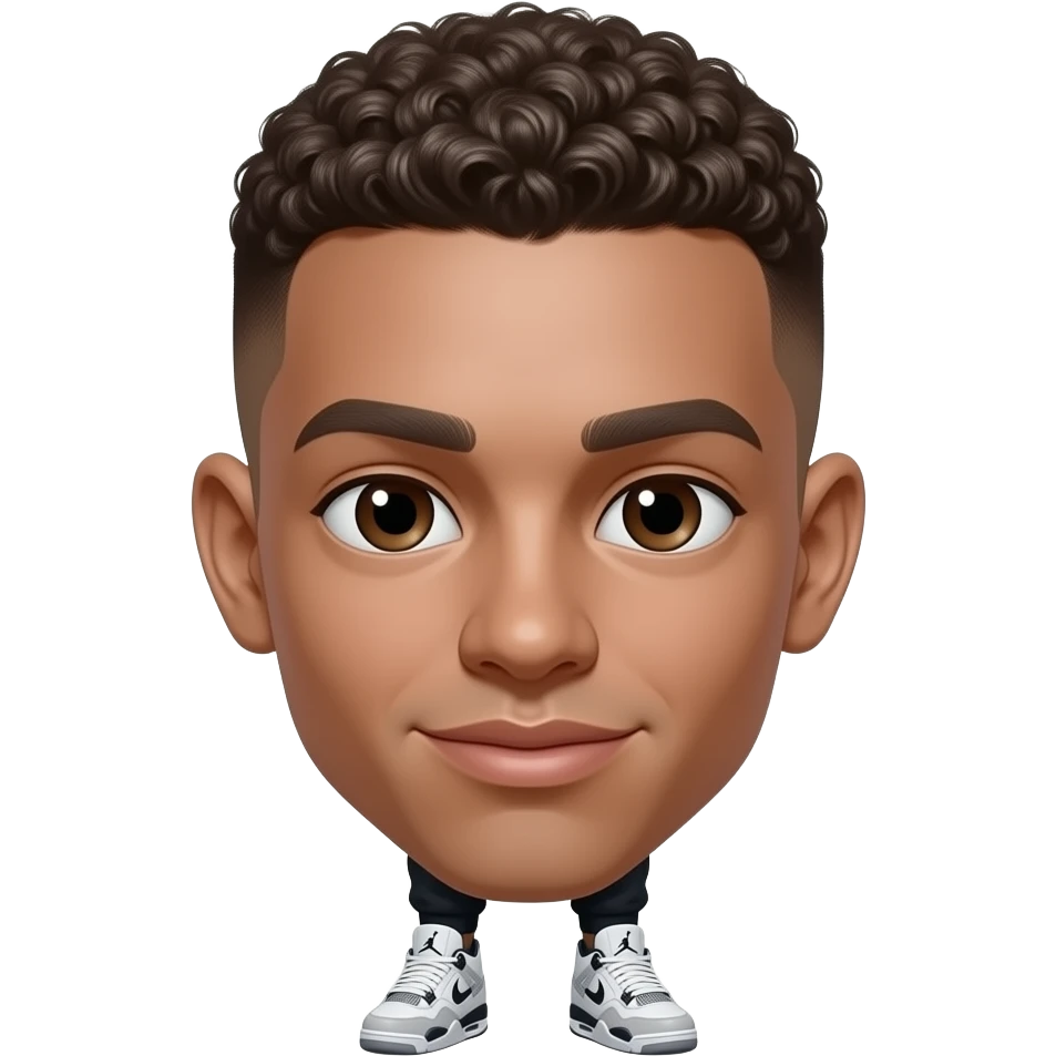 high schooler black boy with brown low taper fade and it’s thick wearing white nike tech and black jordan pants with grey jordan 4’s emoji