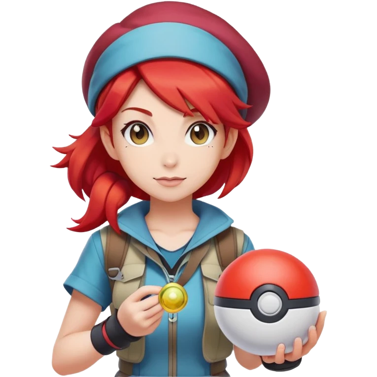 female pokemon trainer with bright red hair, pokeball, adventure outfit emoji