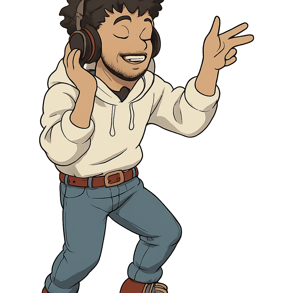1 male, mid fade haircut dark chestnut brown curly hair, toasted lightskin, white hoodie sleeves up, fashion jeans, red fashion-sneakers shoes, red belt, short trimmed beard and goatee,  style of deku from "my hero academia", headphones on jammin', twtich emote emoji