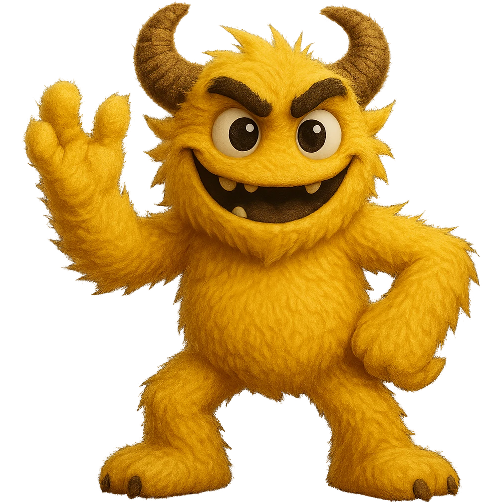 Make this yellow athletic mascot look more grown up and cooler, less like a person and more like a monster, keep the soft fuzzy texture and big eyes, in a playful pose, with no background. Maintain the yellow color and soft fuzzy texture with big eyes, emphasizing a monster-like playful character. emoji