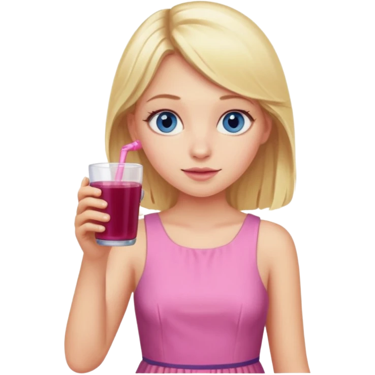 blonde girl with blue eyes in a pink dress drinking elderberry juice emoji