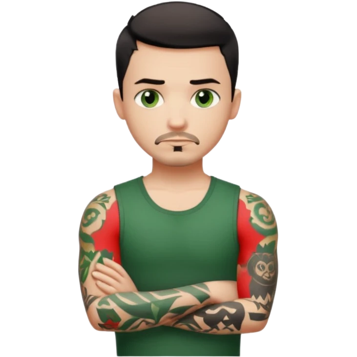 White young man with short black taper fade hair cut and slight goatee and neutral expression with his arms folded. Green eyes and black arm tattoos emoji