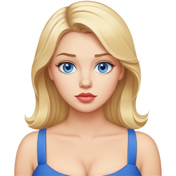 Big-breasted blonde in blue dress, with pronounced lips, blue eyes, neutral expression  emoji
