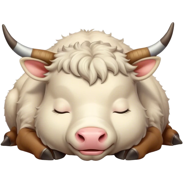 Meme-Worthy Cute Sleeping Domestic Ox Portrait Emoji, Head resting peacefully with a contented smile, showcasing a massive, sturdy build and a luxuriously soft hide, eyes gently closed in serene, restful slumber, Simplified yet hilariously adorable features, highly detailed, glowing with a soft, drowsy natural light, high shine, relaxed and utterly lovable, stylized with an air of playful laziness, soft glowing outline, capturing the essence of a sleeping ox that feels destined to become the next viral sensation of adorable rest! emoji