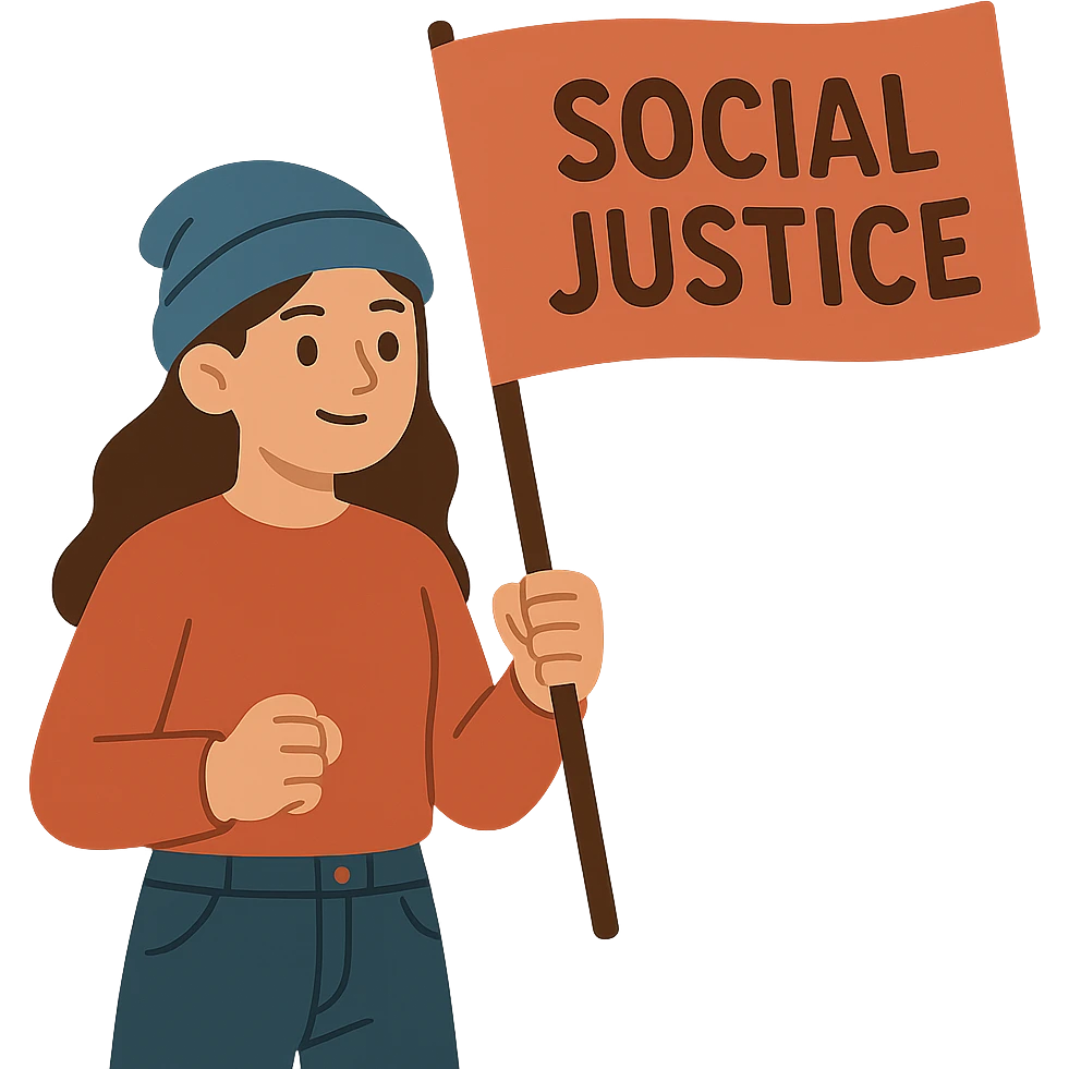 flat toon style girl with blue beanie holding a protest flag for social justice emoji