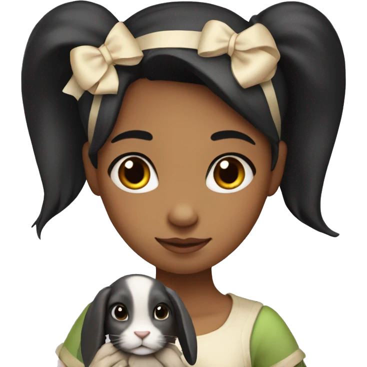 A girl with black hair and fair skin, with a bow on her hair, holds a hare in her hands emoji