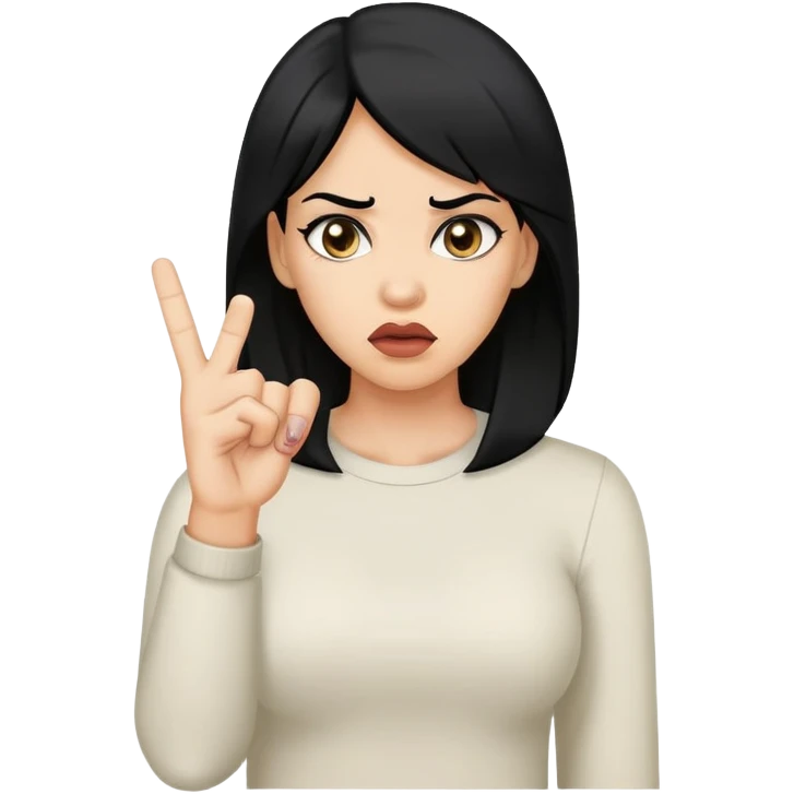 Light skin woman with black hair throwing up the middle finger looking suspicious  emoji