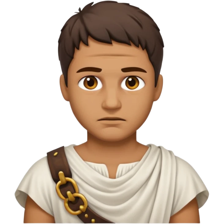 Emoji portrait of a Roman slave. Plain tunic, scar on the face, downtrodden expression. emoji