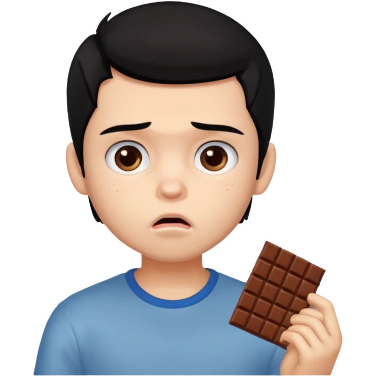 a PRETTY BRATZ boy with black hair eating chocolate and looking sad emoji