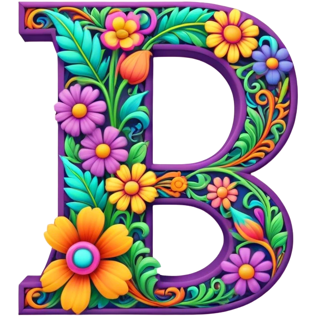 3D, gothic style psychedelic colored capital Letter R with hippie style flower border emoji