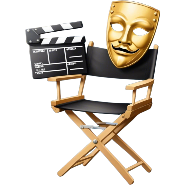 Icon for Acting: a theatrical mask, stage lights, a director’s chair, a script, a film camera and a clapperboard, representing the craft of acting in theater and film. Famous actor-star. The design should reflect creativity, performance, and storytelling. Transparent background. emoji
