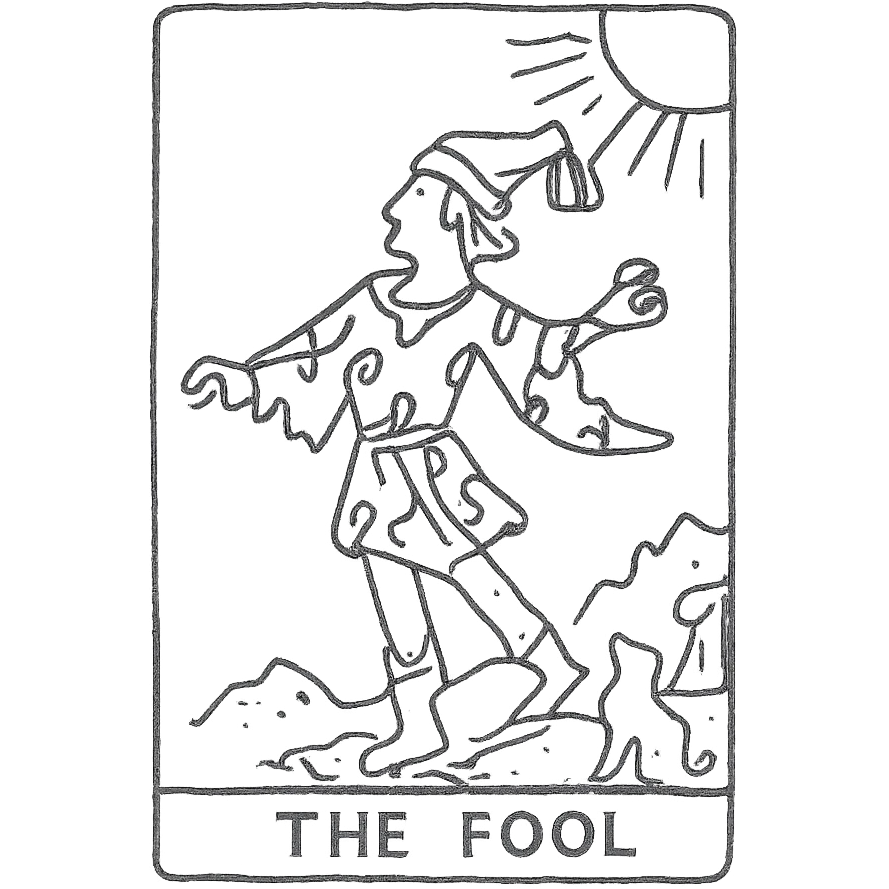 The Fool tarot card, simple and minimal, hand-drawn black outline style, no text emoji