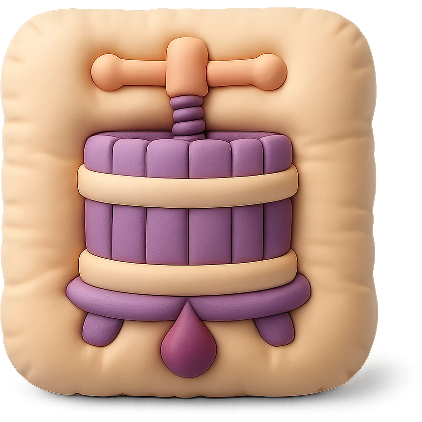 icon representing the 'pressing' step in wine making process, cushion style, soft pastel colors, plush texture emoji