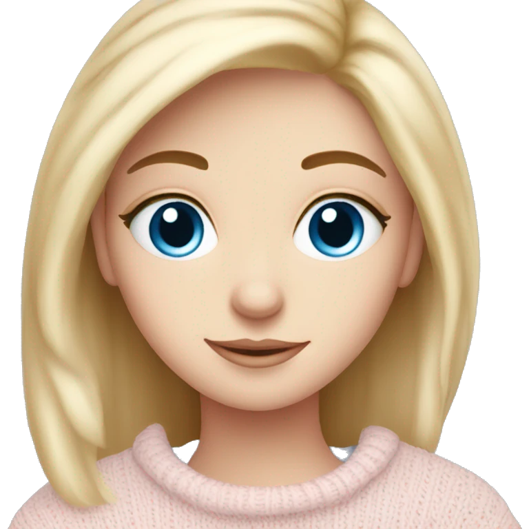 Pretty blue eyed white girl with light pink sweater reading cozy emoji