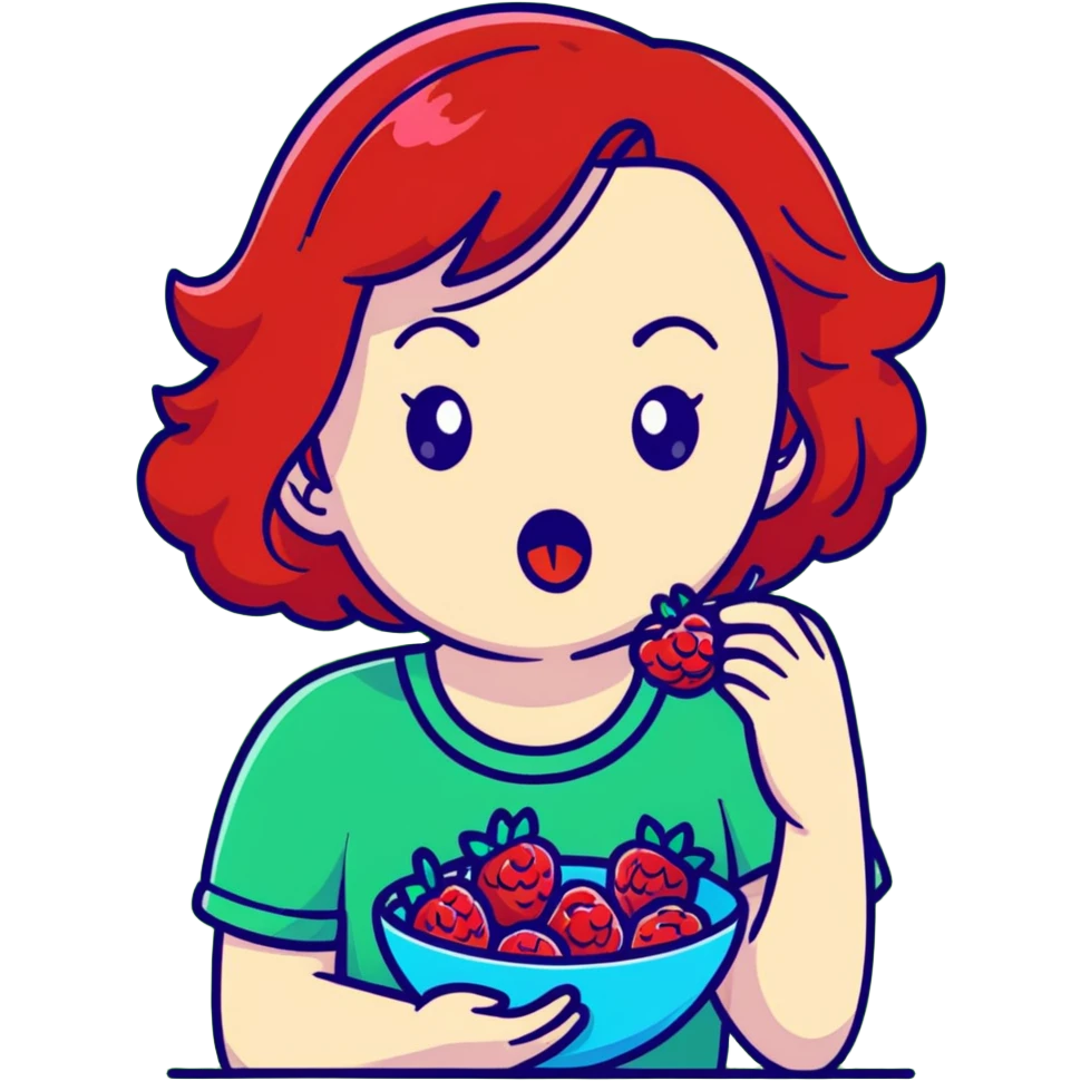 redhead girl with a displeased face eating raspberries emoji
