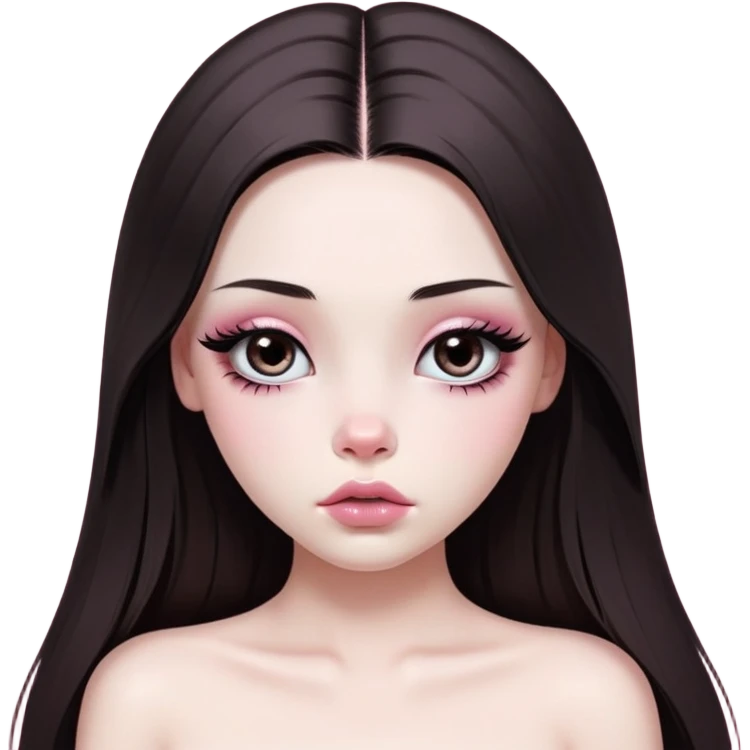 girl with white skin, dark brown long realistic straight hair with middle part prominently falling in front of her body over her shoulders, very big pouty extremely glossy ultra-shiny lips with absolutely no cupid's bow, big round eyes with very black shiny eyeballs and huge eyelashes, no eyeshadow, pink blush on cheeks, lighter button nose, extremely long oval-shaped face, wearing a pink off-shoulder top, looking directly at camera with hands down at sides emoji