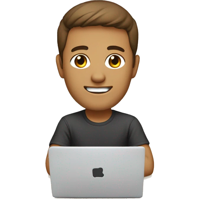 developer, 5:5 parting brown hair, eye smile, small head, labtop, hackarthon t-shirt emoji