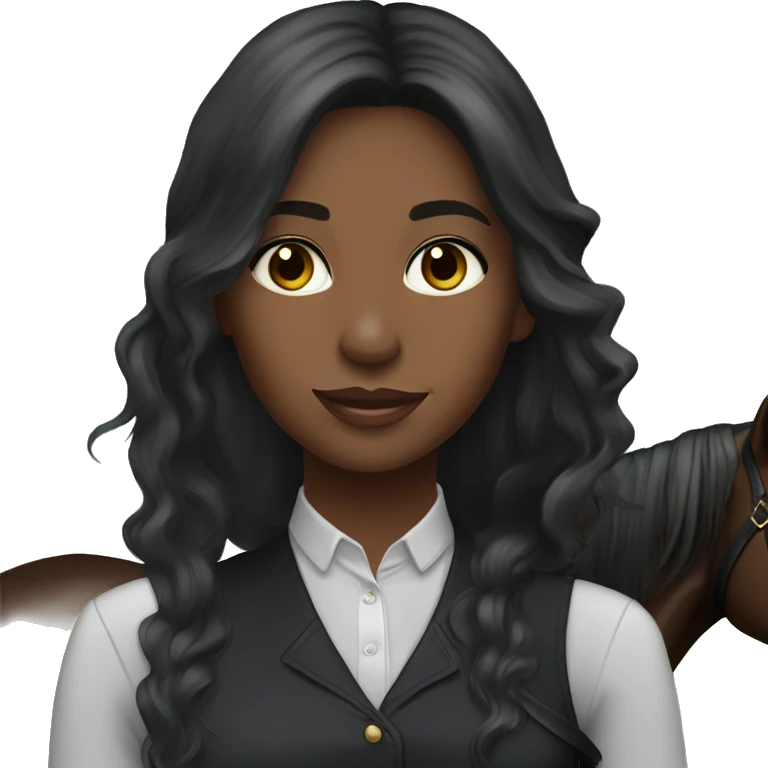 Pretty black equestrian woman long hair holding black stallion reins hazel eyes emoji