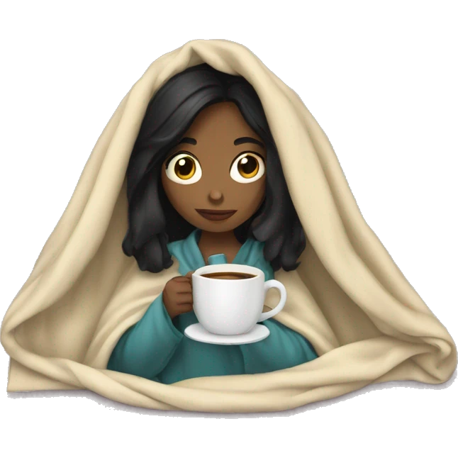 girl with black hair inside a blanket sipping coffee emoji