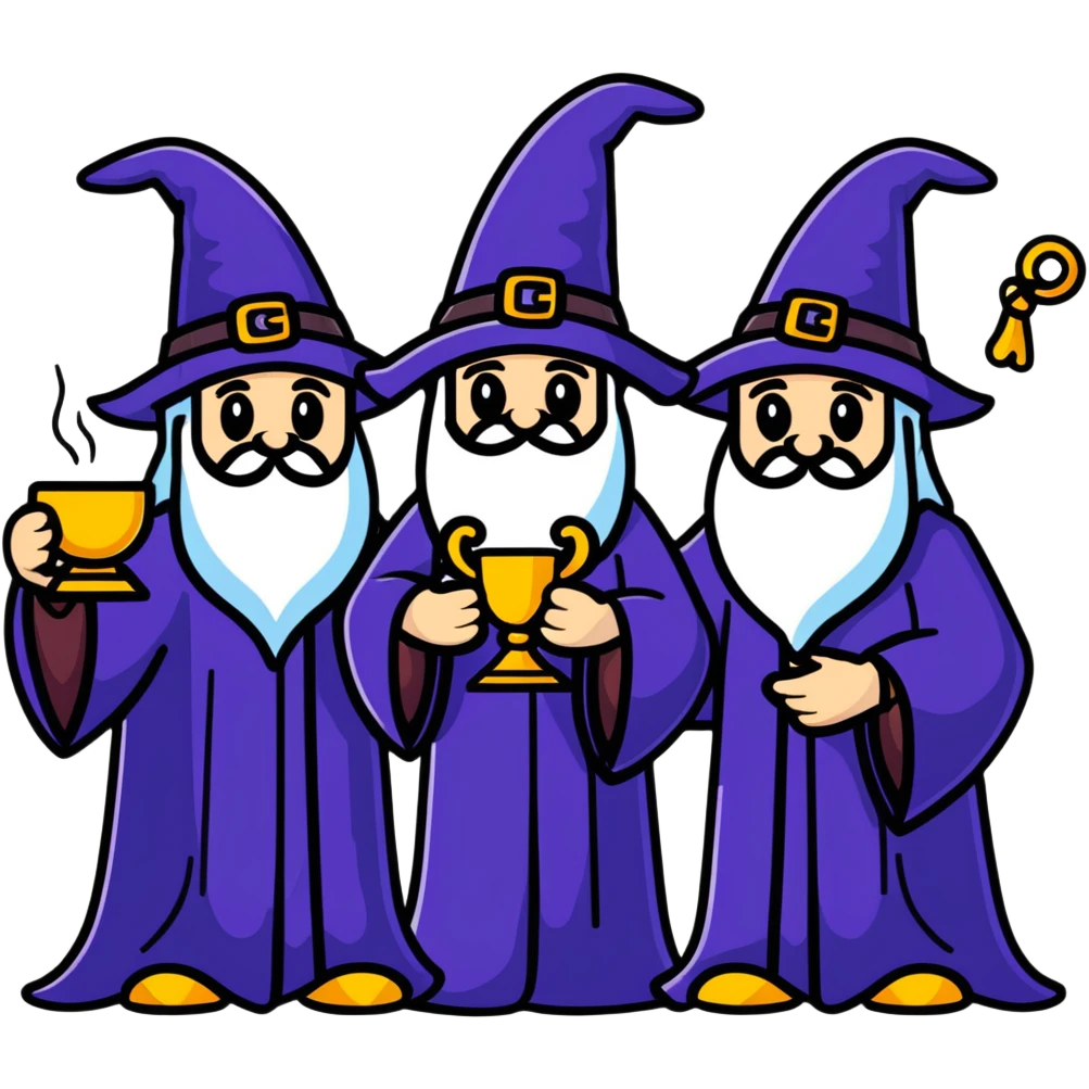 three wizards with a magical cup emoji