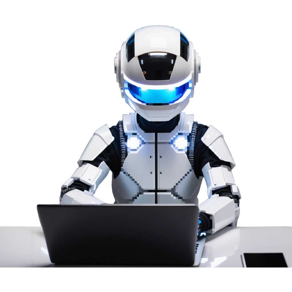 futuristic tech boy wearing a sleek robot helmet with a glowing white circle light in the center, sitting in front of an advanced high-tech laptop, neon-lit cyberpunk room with holographic displays and gadgets, focused posture, soft reflections on helmet, mysterious atmosphere emoji