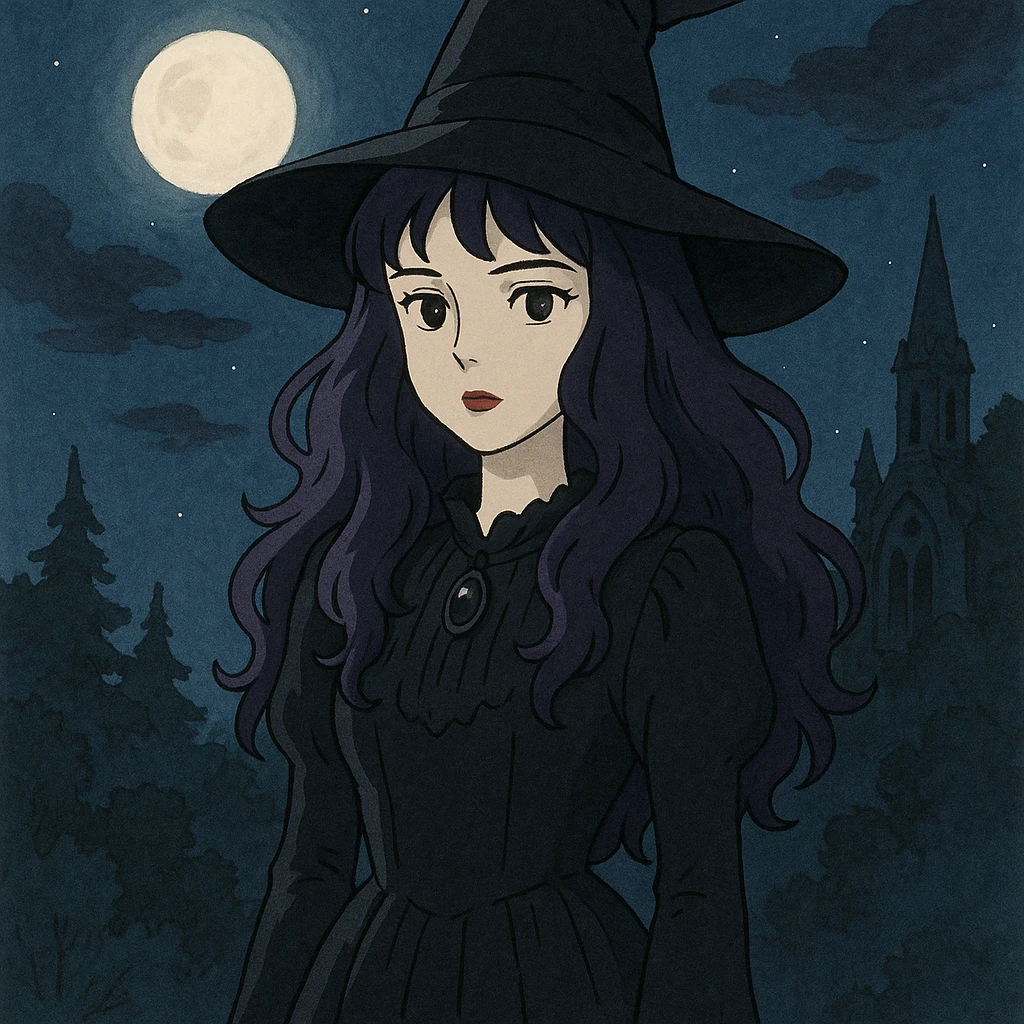 gothic woman with purple hair, witchy touch, standing in moonlight, ghibli style emoji