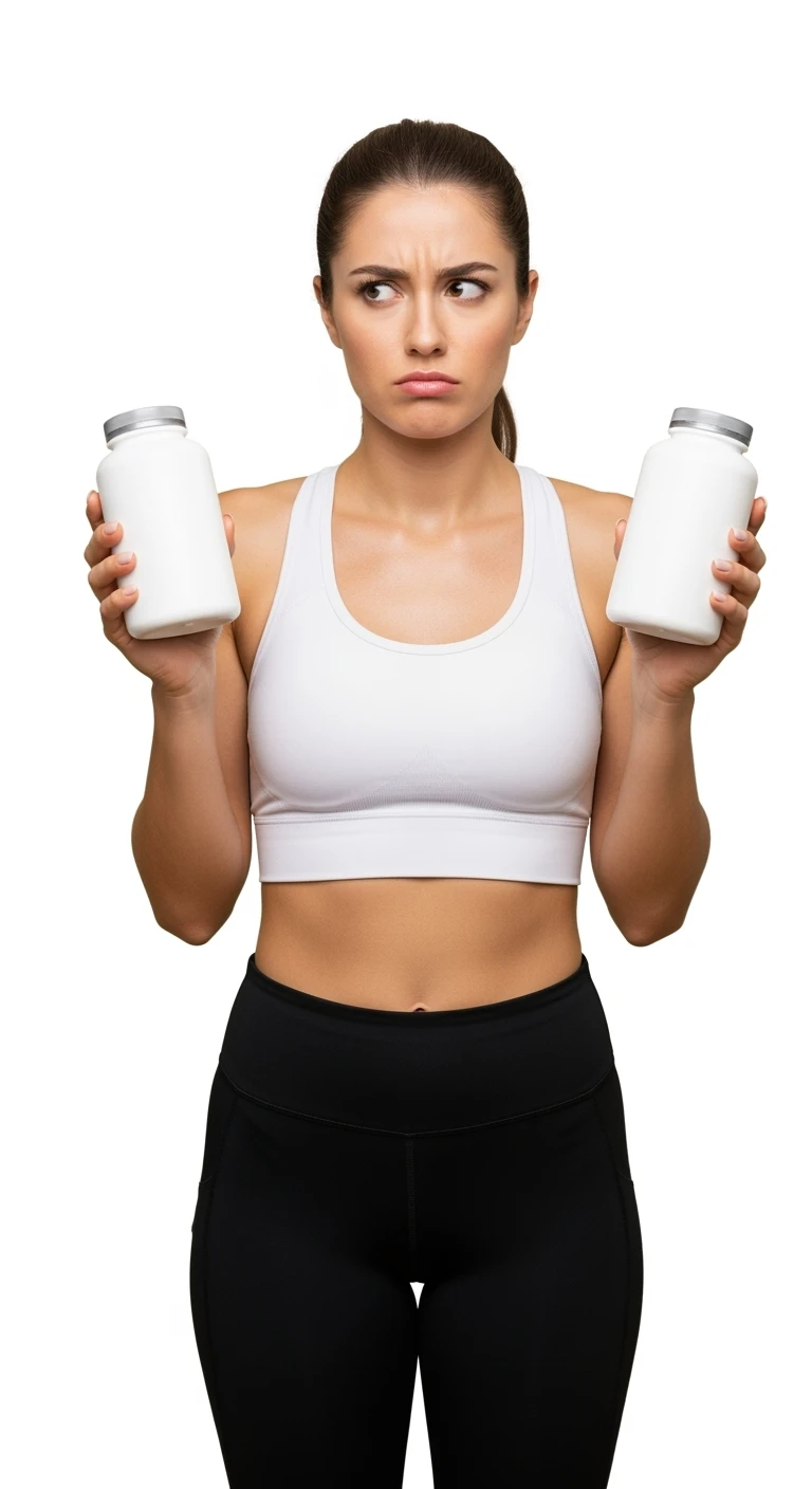 DONNA FITNESS ITALIANA INDECISA TRA DUE  BOCCETTE DI INTEGRATORI BIANCHE CHE HA IN MANO ED ESPRESSIONE DUBBIOSA IN VOLTO, REALISTICA 4K, ISOLATA SU SFONDO BIANCO emoji