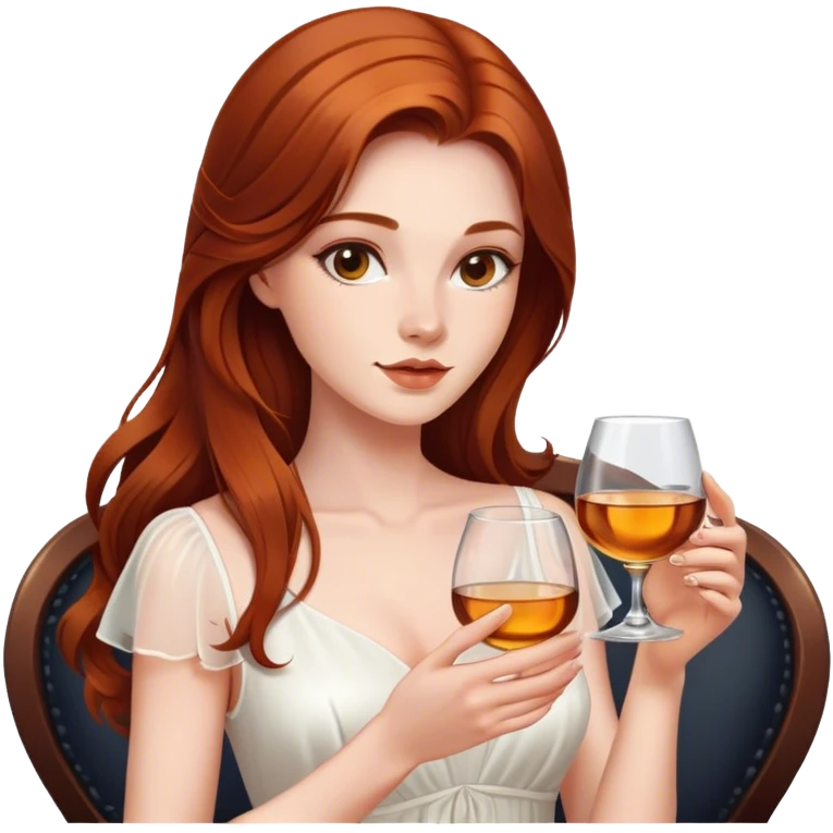 Beautiful woman in 1950’s woman fashion look, white dress, long auburn hair, whisky emoji