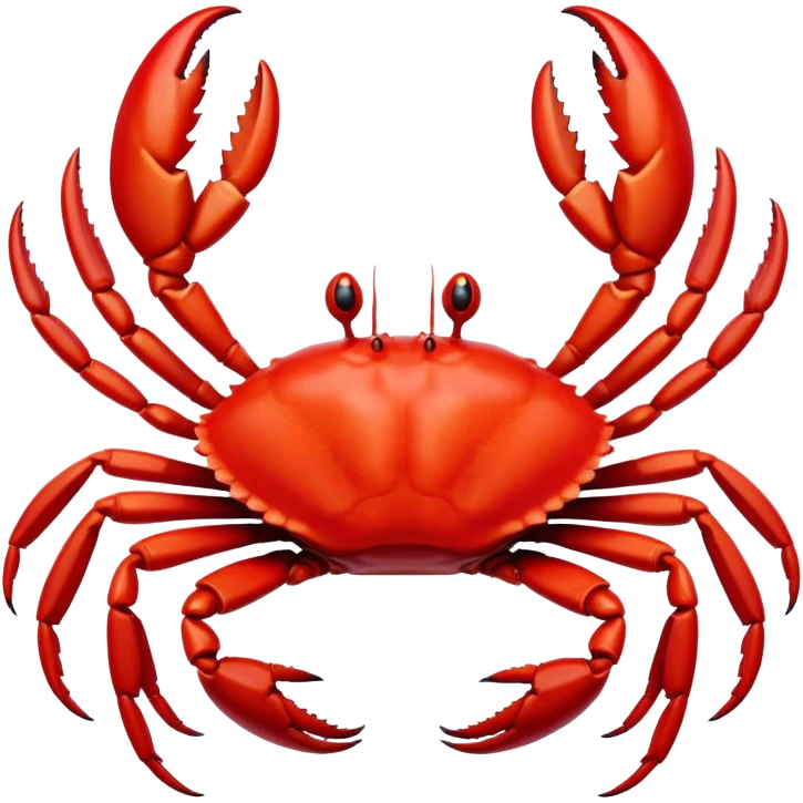 Cinematic Noble Red Crab Portrait Emoji, Poised and commanding, with a sturdy, angular exoskeleton of vivid scarlet red and sharply defined pincers, deep-set, intense eyes on stalks, Simplified yet sharp and sophisticated features, highly detailed, glowing with a soft, oceanic glow, high shine, intelligent and formidable, stylized with an air of coastal authority, focused and alert, soft glowing outline, capturing the essence of a watchful crustacean guardian that appears ready to scuttle out of the screen with determined power! emoji