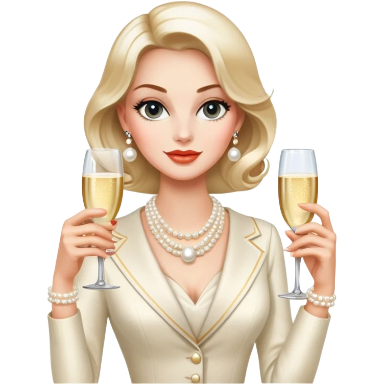 Elegant Western socialite with designer clothes, pearl necklace, champagne glass, luxury lifestyle emoji