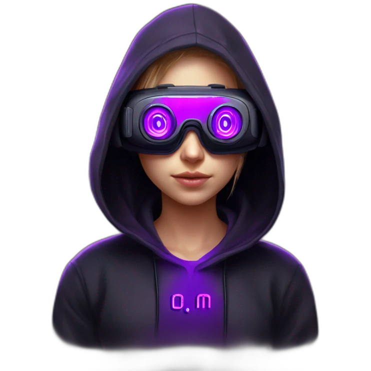 Russian student in the black hoody with violet letters "OMG" on it, wearing vr headset. Cyberpunk style. Violet neon. emoji