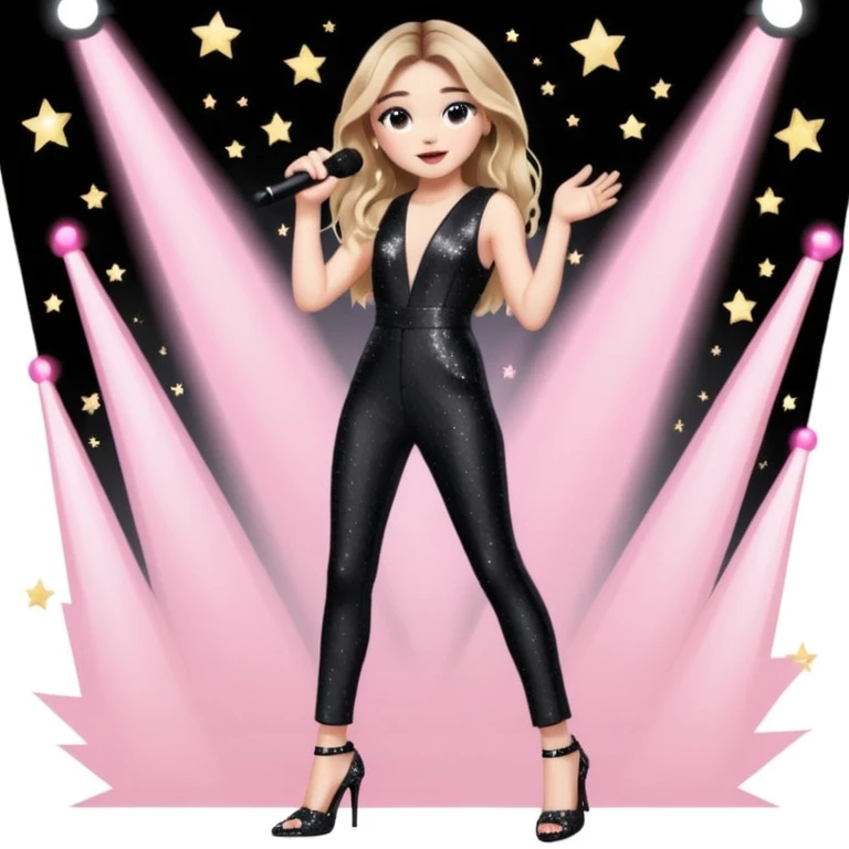 Sabrina carpenter singing at concert wearing a black sparkle jumpsuit and black sparkle heels. There is a huge crowd and light pink stage setting  emoji
