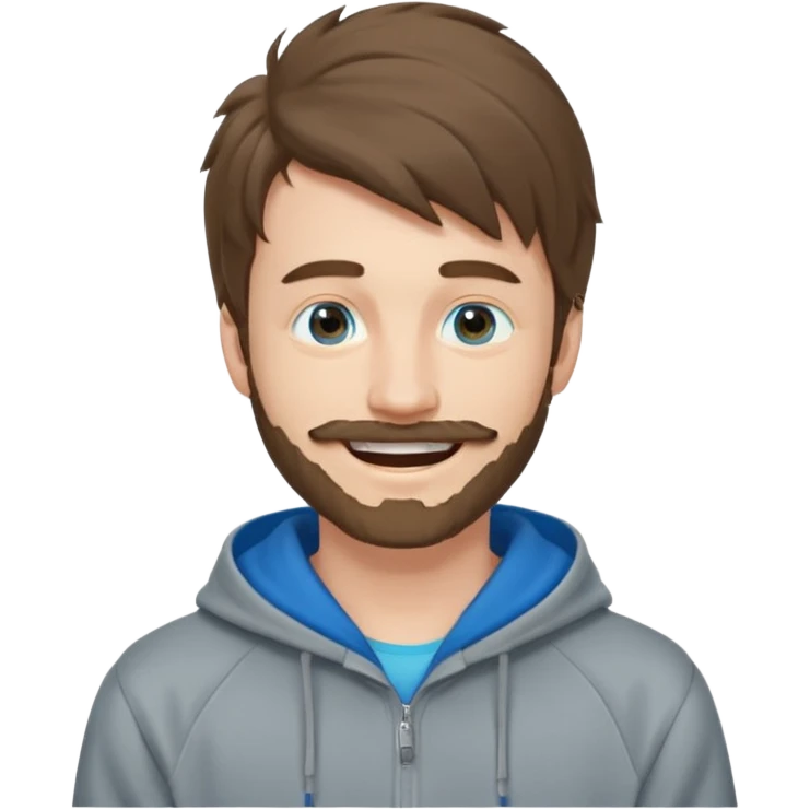25 year old man, short scruffy beard and thin moustache, brown puffy mullet, blue eyes, big smile, white teeth, big lips, pronounced jaw, hair longer in back, sticking up on top, thin face, grey hooded sweatshirt, pale skin, big smile emoji
