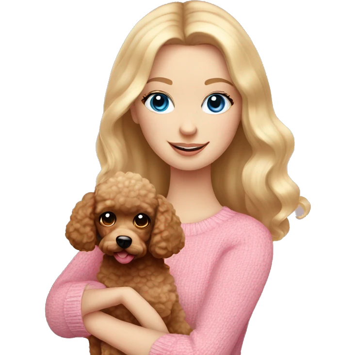 Pretty blue eyed white girl with blonde hair in a pink sweater holding a brown toy poodle emoji