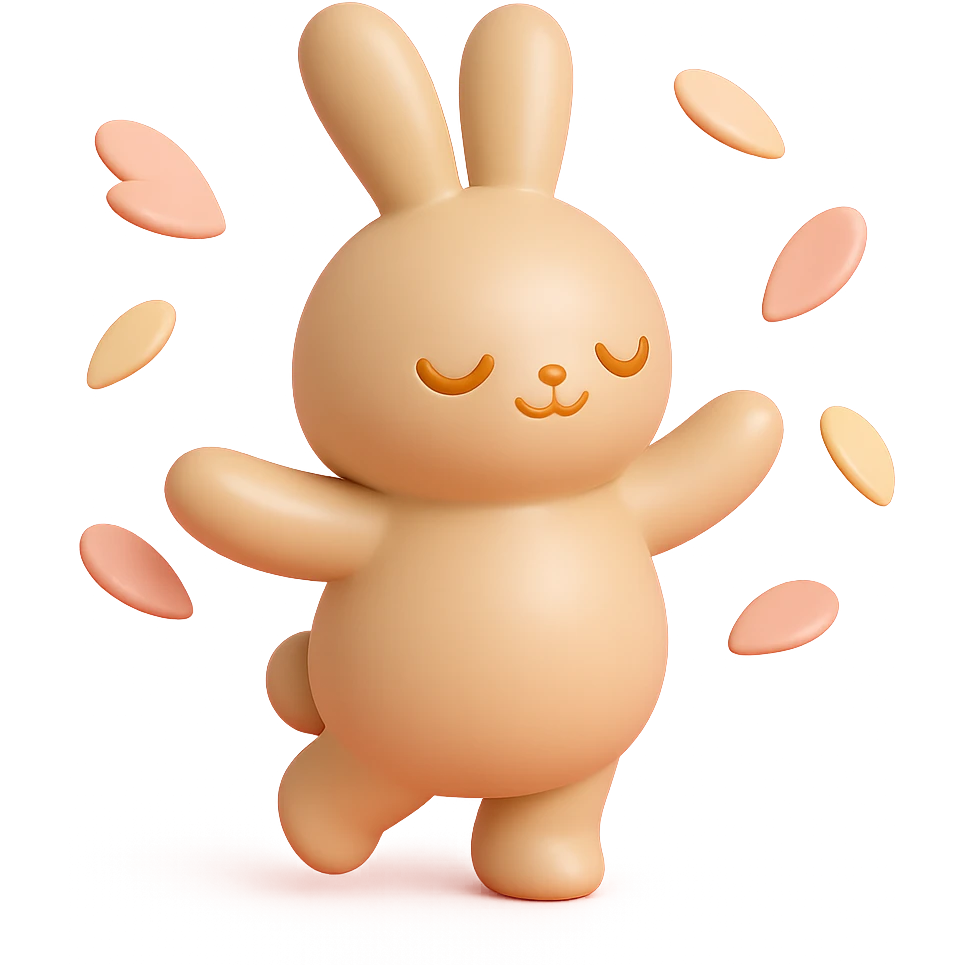 pale brown bunny spinning with flower petals around, vinyl figure style emoji