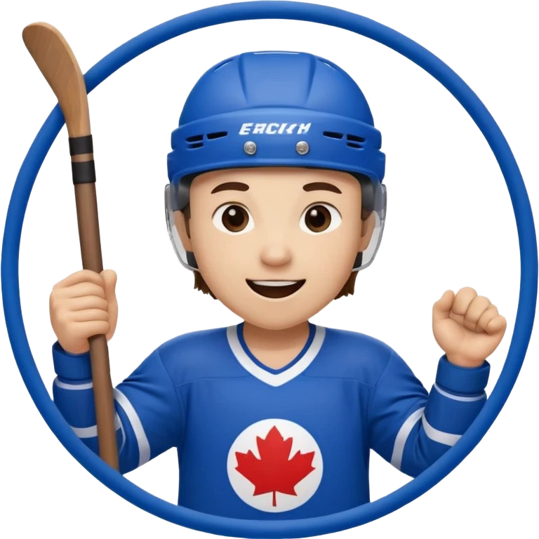 Set of 8 hockey sticker emojis for kids: happy player with a puck, tired player, celebratory player, player cheering, hockey helmet, hockey stick, ice rink, and team logo. emoji