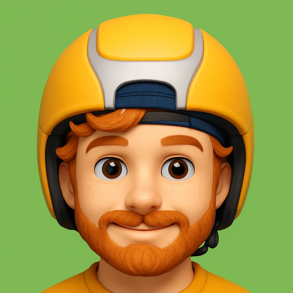 A boy with a backward cap, curly orange hair, and a goatee, wearing a helmet, in the style of a 3D emoji emoji
