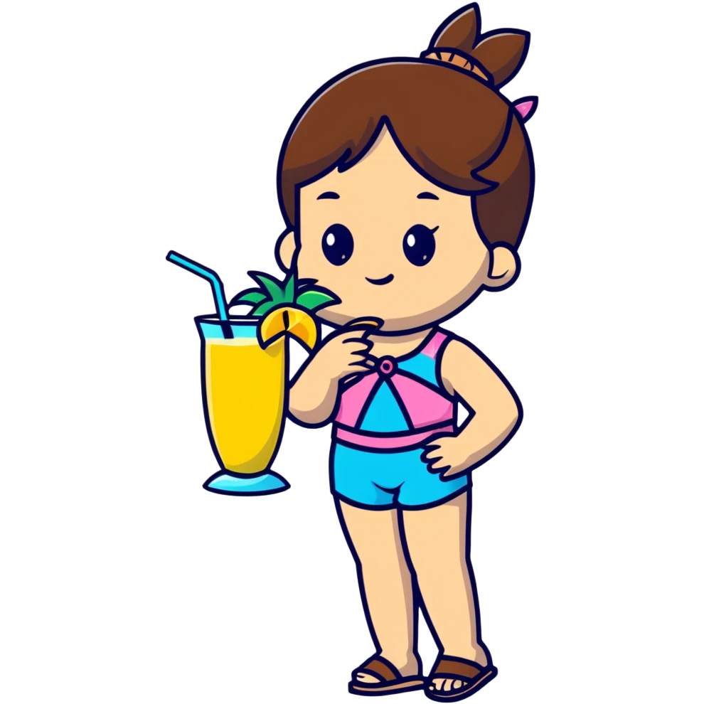 Very tan skinned girl with brown hair wearing a summer outfit sipping a piña colada emoji