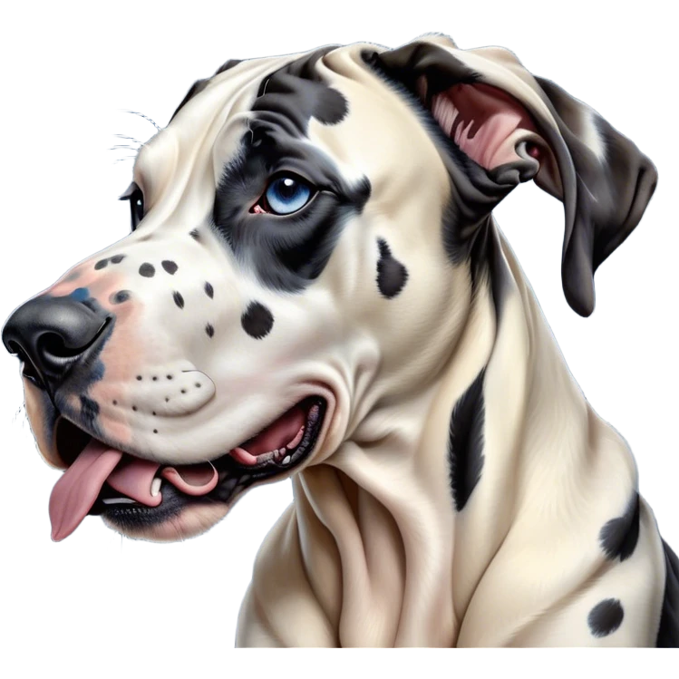 Cinematic Cute Yawning Harlequin Great Dane Portrait Emoji, Head tilted slightly with a dramatic, wide-open yawn, showcasing a smooth coat of predominantly white with bold black patches, floppy ears slightly drooping, round blue eyes barely open in drowsy contentment, Simplified yet irresistibly adorable features, highly detailed, glowing with a soft, cozy glow, high shine, relaxed yet expressive, stylized with a touch of whimsy, bright and endearing, soft glowing outline, capturing the essence of a sleepy yet affectionate guardian, so drowsy it feels like it could stretch out of the screen and curl up for a nap! emoji