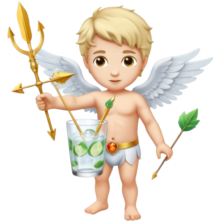 Cupid (with wings) with his arrow in his right hand, mixing a glass of Gin Tonic in his left hand, flyig emoji