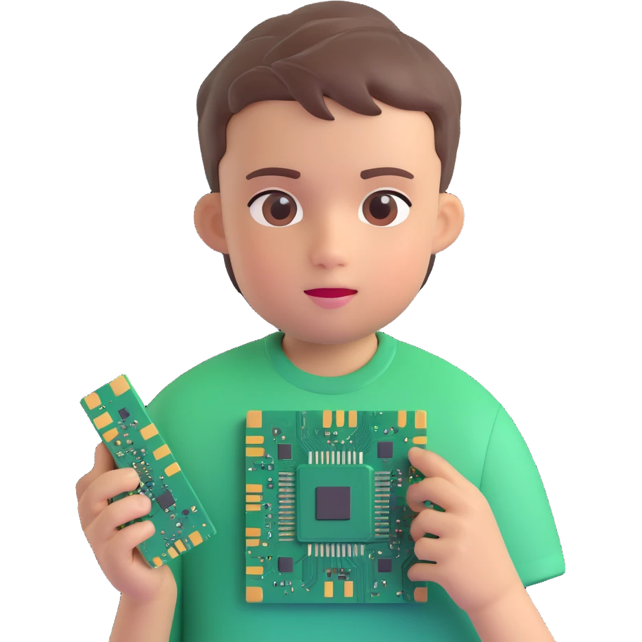 young boy with short hair, friendly neutral expression, holding two computer chips, wearing shirt with circuit board pattern, one half of face partially metallic with neural network lines symbolizing AI, apple-like 3D emoji style, soft gradients, clean shapes, vibrant realistic coloring emoji