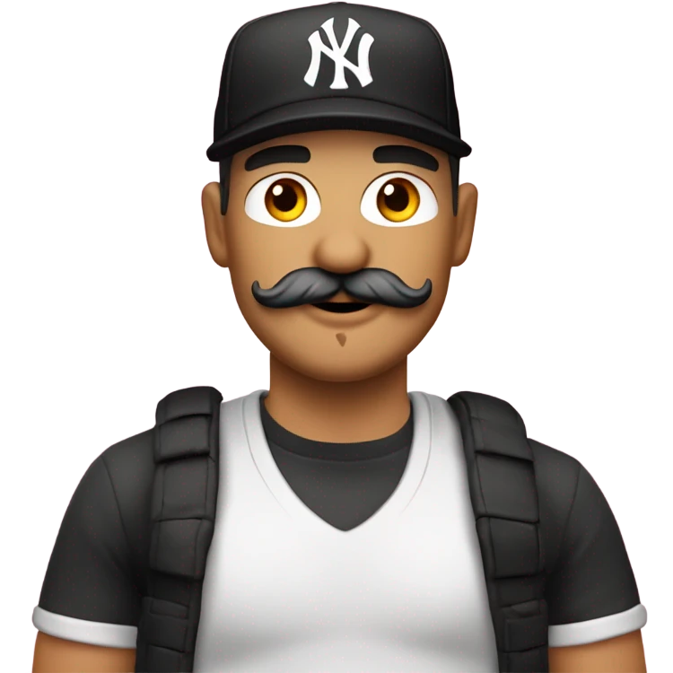 Homme blanc, 30 ans, cheveux courts noir, moustache, casquette noir yankees noir, avec une bière, t-shirt rose emoji