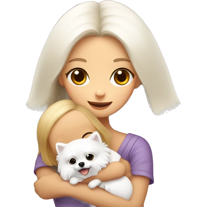 girl hug white Pomeranian emoji
