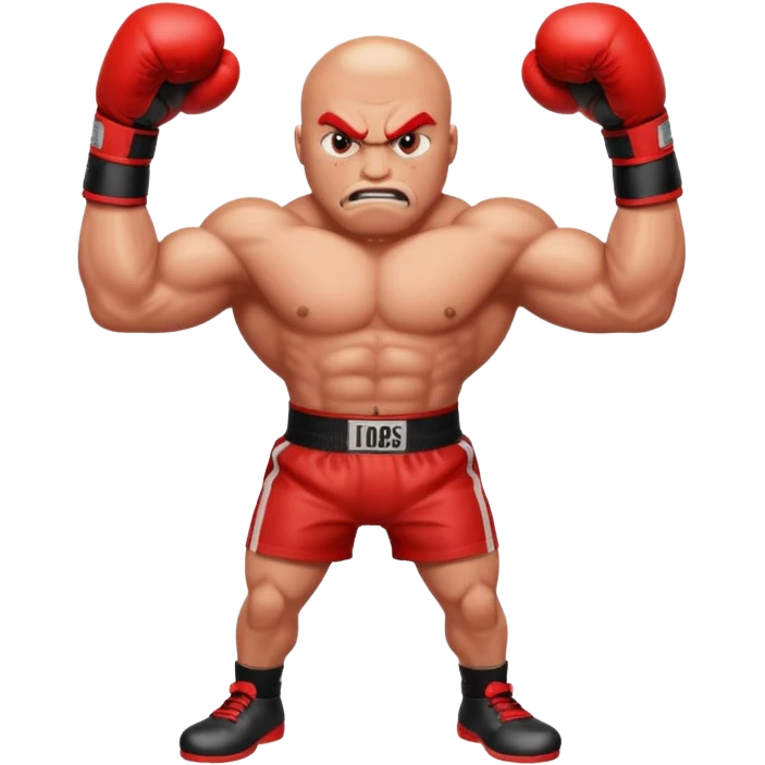 Gota de agua de color rojo con cara de enfado y unos guantes de boxeo, que tenga brazos y piernas musculados emoji