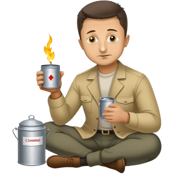 Volodymyr Zelenskyy on his knees with a tin cup and sign begging for “spare change”  emoji