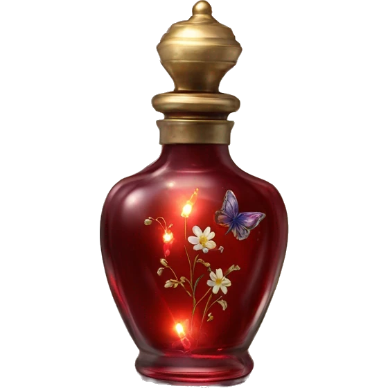 Dark red magic fairy light sparkling old Antique oil perfume bottle with herbal and flowers emoji