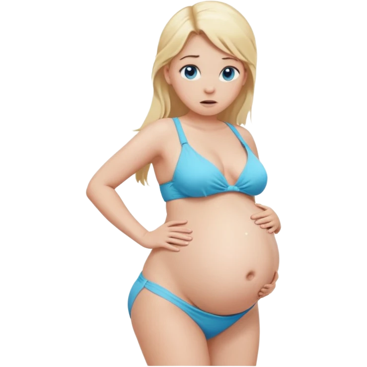 White girl, long blonde ponytail, blue eyes, huge pregnant belly, full body, white bikini, scared expression, looking at belly, front view. emoji
