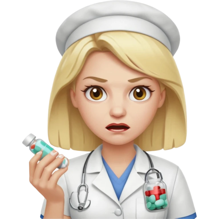 angry blonde nurse with a pills emoji