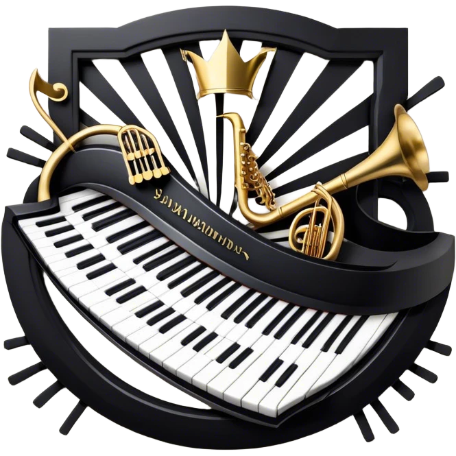 Create an elegant and festive emoji collage representing keyboard instruments, styled like a heraldic emblem. The design should feature a central focal point of black and white piano keys, arranged in a semi-circular or shield-like shape. Around the piano keys, add intertwining musical notes that form flowing ribbons, creating a dynamic and celebratory atmosphere. The design should be professional, with polished silver and gold accents on the keys and notes, highlighting the luxury and sophistication of the instruments. Add subtle shading and lighting effects to give the design a refined, 3D appearance. The background should remain transparent, and the overall feel should evoke grandeur, artistry, and a sense of celebration. emoji