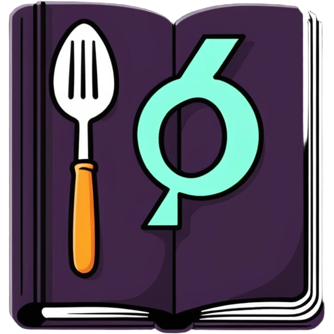 Fantasy spellbook-style cookbook with ethereal fork and spoon symbol glowing on the cover, magical recipes collection emoji